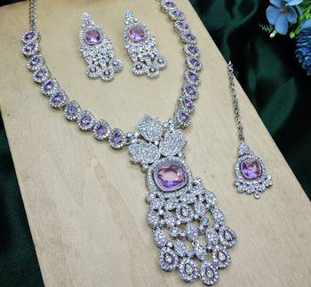 Purple rhodium premium designer american diamond and stone work necklace set 3