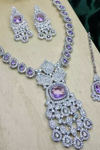 Purple rhodium premium designer american diamond and stone work necklace set