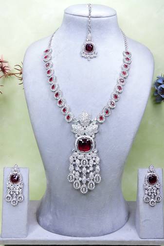 Maroon rhodium premium designer american diamond and stone work necklace set