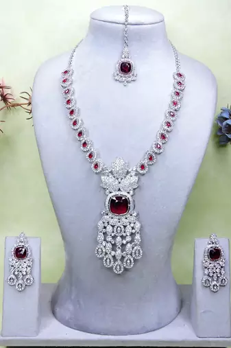 Maroon rhodium premium designer american diamond and stone work necklace set