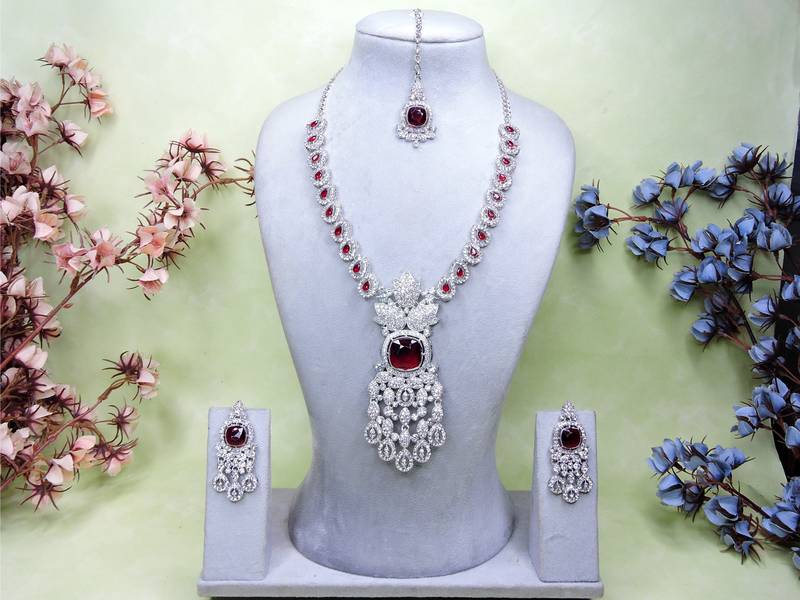Maroon rhodium premium designer american diamond and stone work necklace set