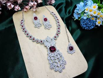 Maroon rhodium premium designer american diamond and stone work necklace set 2