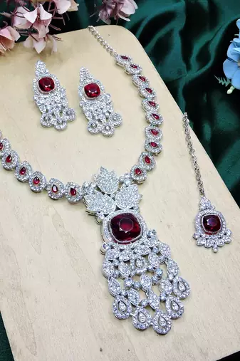 Maroon rhodium premium designer american diamond and stone work necklace set