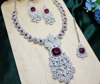 Maroon rhodium premium designer american diamond and stone work necklace set 3