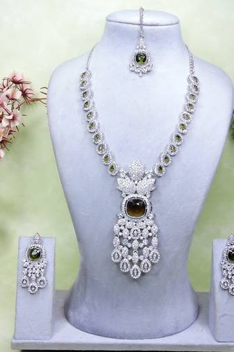 Green rhodium premium designer american diamond and stone work necklace set
