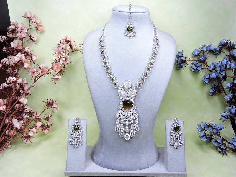 Green rhodium premium designer american diamond and stone work necklace set