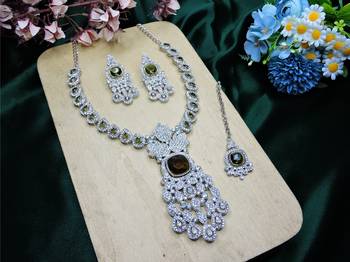 Green rhodium premium designer american diamond and stone work necklace set 2