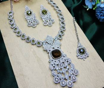 Green rhodium premium designer american diamond and stone work necklace set 3