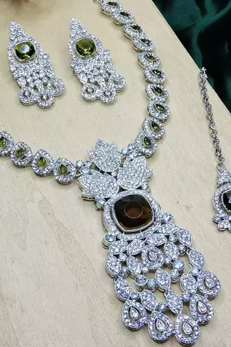 Green rhodium premium designer american diamond and stone work necklace set