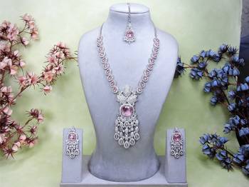 Pink rhodium premium designer american diamond and stone work necklace set 1