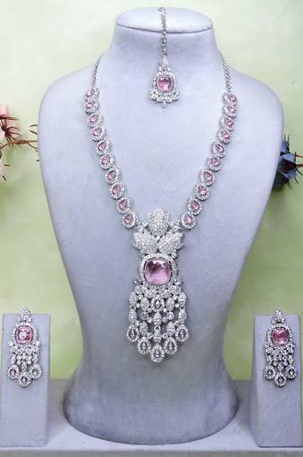 Pink rhodium premium designer american diamond and stone work necklace set