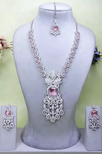 Pink rhodium premium designer american diamond and stone work necklace set