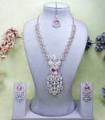 Pink rhodium premium designer american diamond and stone work necklace set