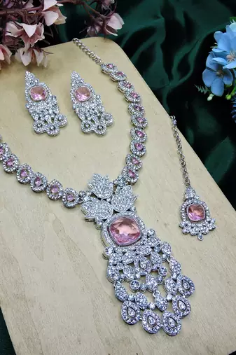 Pink rhodium premium designer american diamond and stone work necklace set