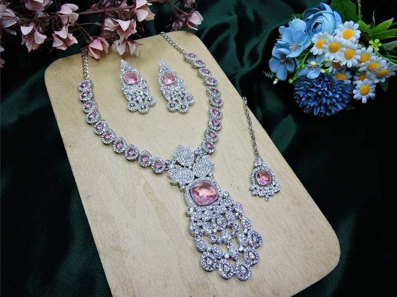 Pink rhodium premium designer american diamond and stone work necklace set