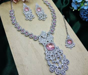 Pink rhodium premium designer american diamond and stone work necklace set 3