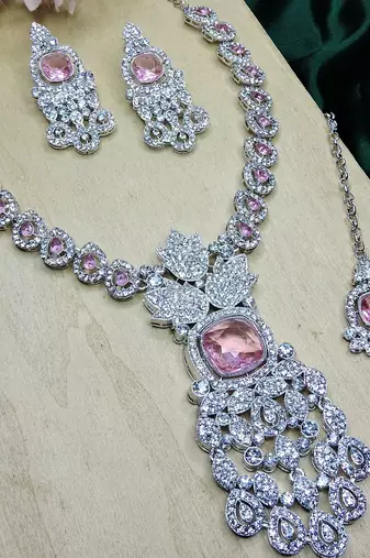 Pink rhodium premium designer american diamond and stone work necklace set