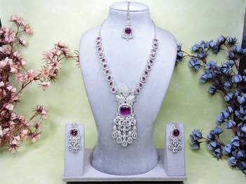 Purple rhodium premium designer american diamond and stone work necklace set 1