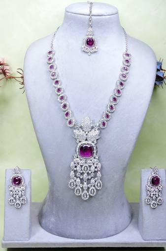 Purple rhodium premium designer american diamond and stone work necklace set