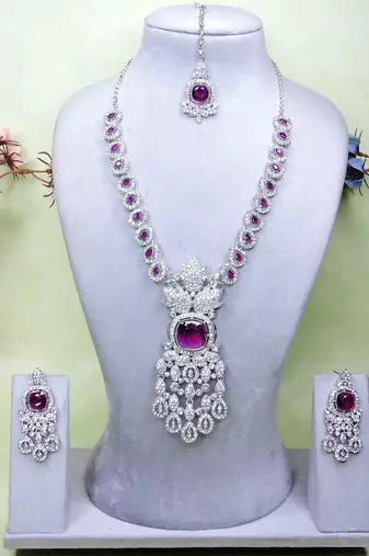Purple rhodium premium designer american diamond and stone work necklace set