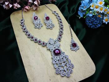 Purple rhodium premium designer american diamond and stone work necklace set 2