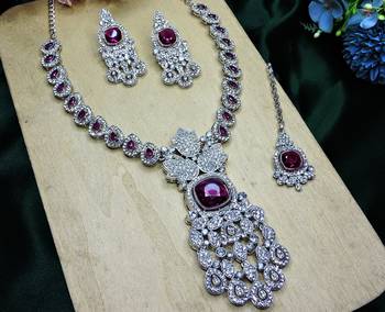 Purple rhodium premium designer american diamond and stone work necklace set 3