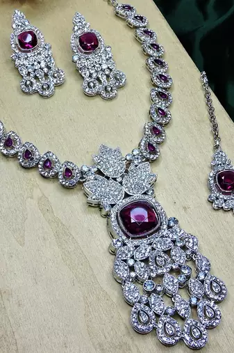 Purple rhodium premium designer american diamond and stone work necklace set