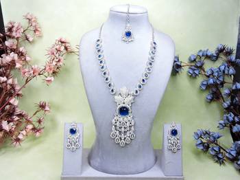 Blue rhodium premium designer american diamond and stone work necklace set 1