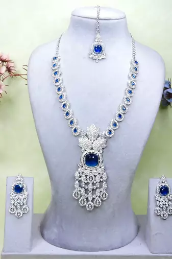 Blue rhodium premium designer american diamond and stone work necklace set