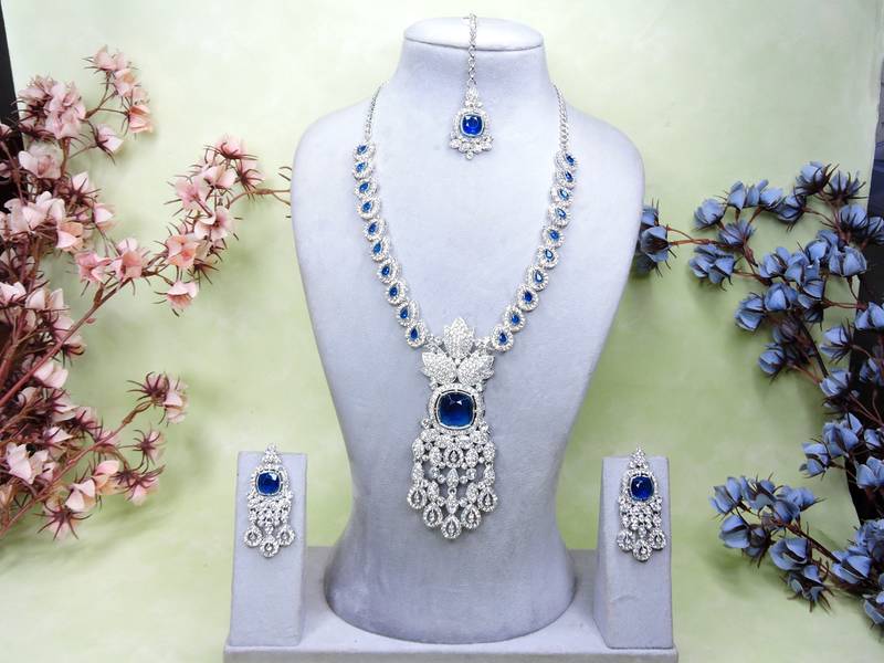 Blue rhodium premium designer american diamond and stone work necklace set