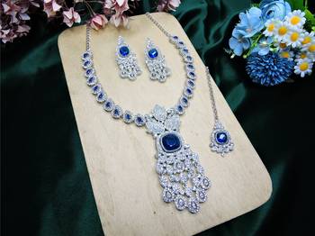 Blue rhodium premium designer american diamond and stone work necklace set 2