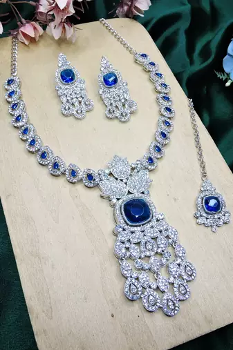 Blue rhodium premium designer american diamond and stone work necklace set