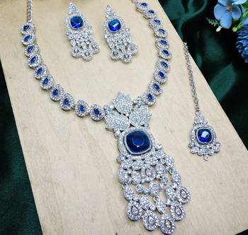 Blue rhodium premium designer american diamond and stone work necklace set 3