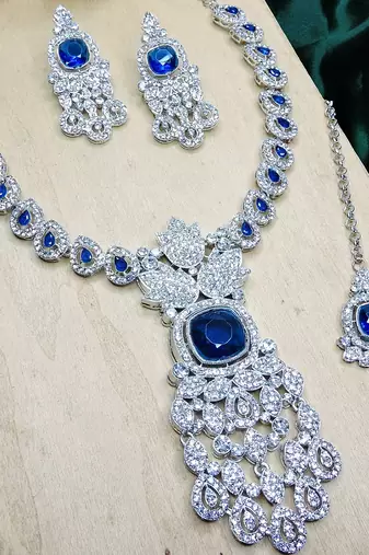 Blue rhodium premium designer american diamond and stone work necklace set