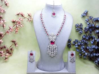 Pink rhodium premium designer american diamond and stone work necklace set 1