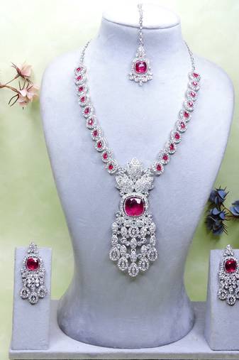 Pink rhodium premium designer american diamond and stone work necklace set
