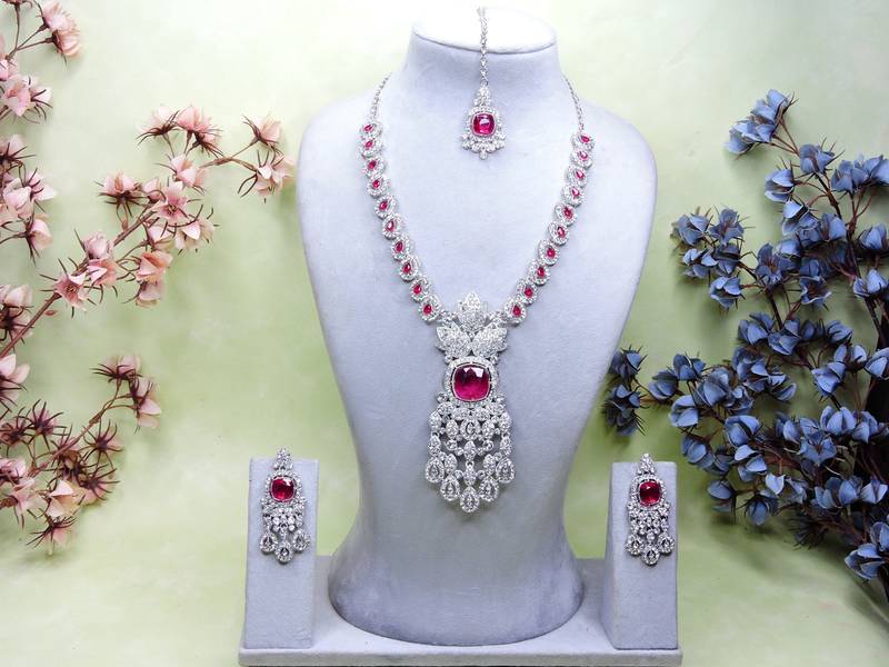 Pink rhodium premium designer american diamond and stone work necklace set