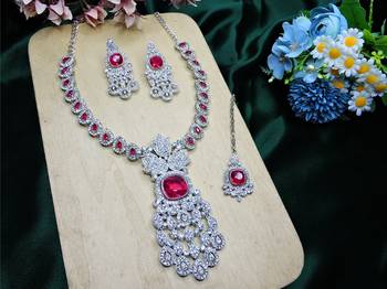 Pink rhodium premium designer american diamond and stone work necklace set 2