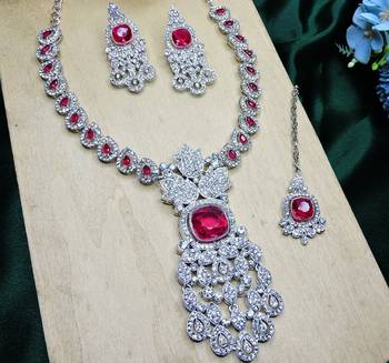 Pink rhodium premium designer american diamond and stone work necklace set 3