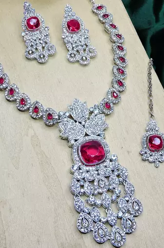 Pink rhodium premium designer american diamond and stone work necklace set