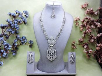 White rhodium premium designer american diamond and stone work necklace set 1