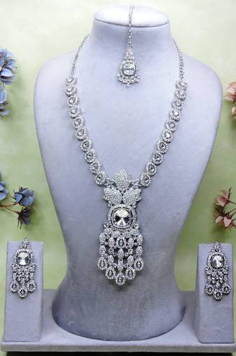 White rhodium premium designer american diamond and stone work necklace set