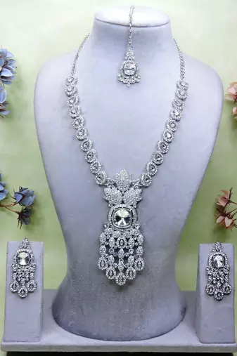 White rhodium premium designer american diamond and stone work necklace set