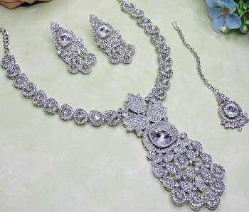 White rhodium premium designer american diamond and stone work necklace set 3