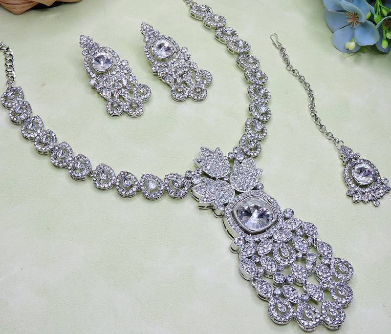 White rhodium premium designer american diamond and stone work necklace set