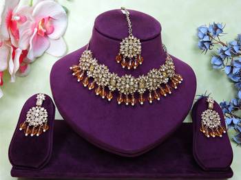Gold yellow gold premium designer american diamond and stone work necklace set 1
