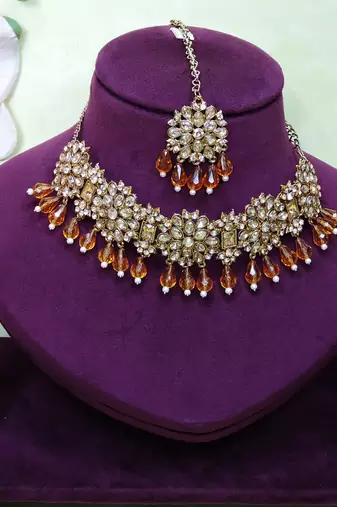 Gold yellow gold premium designer american diamond and stone work necklace set