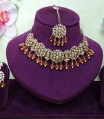 Gold yellow gold premium designer american diamond and stone work necklace set