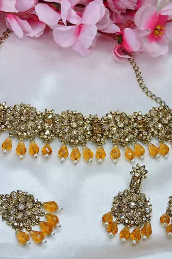 Gold yellow gold premium designer american diamond and stone work necklace set