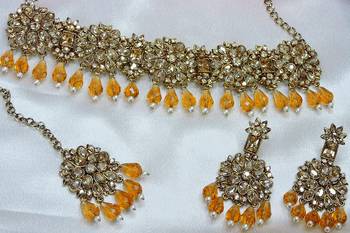 Gold yellow gold premium designer american diamond and stone work necklace set 3